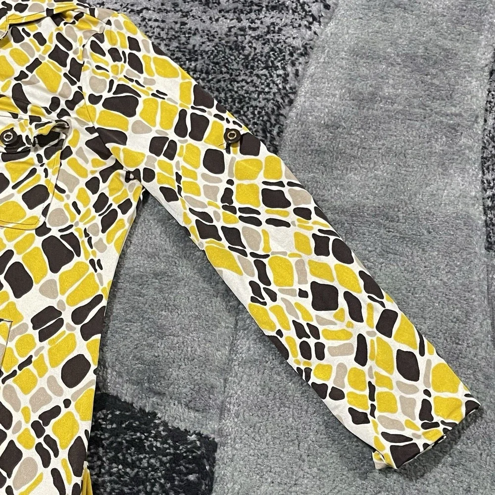 Tory Burch 100% Silk Dress Women Small Yellow‎ Geometric 3/4 Sleeve Button Knee